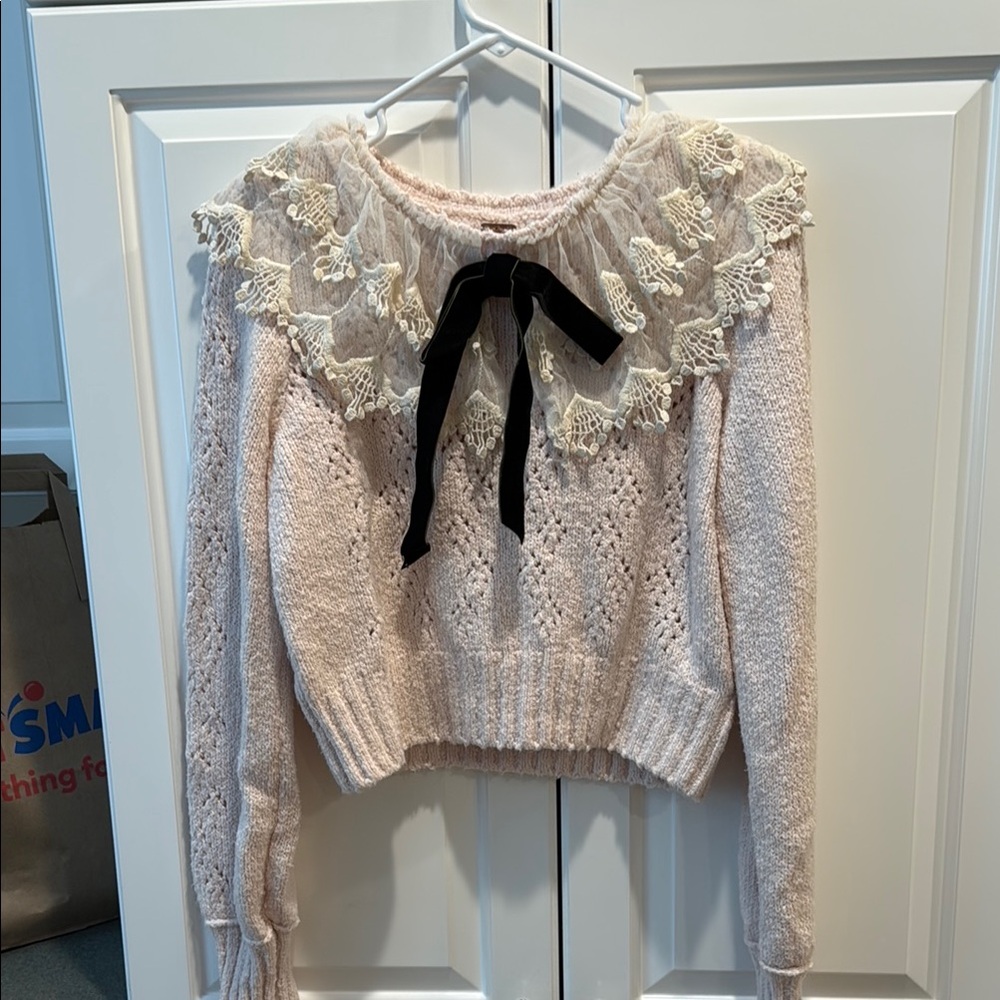 Free People Lace Trim Pink Sweater
